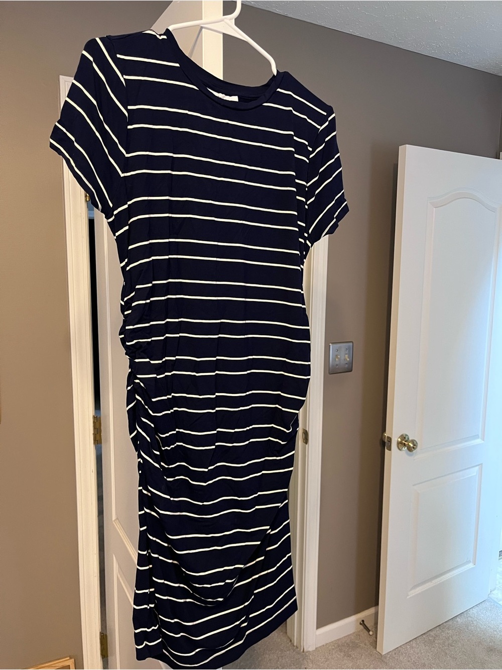 Motherhood Maternity Navy and White Striped Ruched Midi Dress